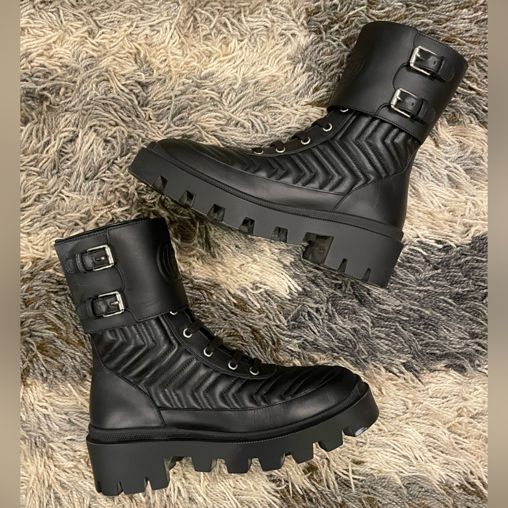 Gucci Double G Logo Black Leather Combat Boots